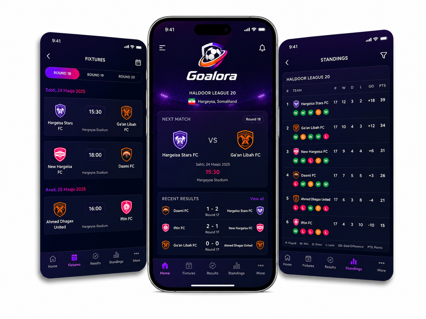 GOALORA fixtures and standings screens