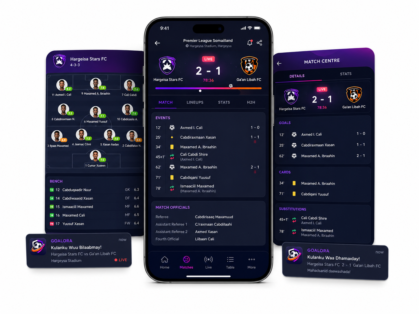 GOALORA live match center screens