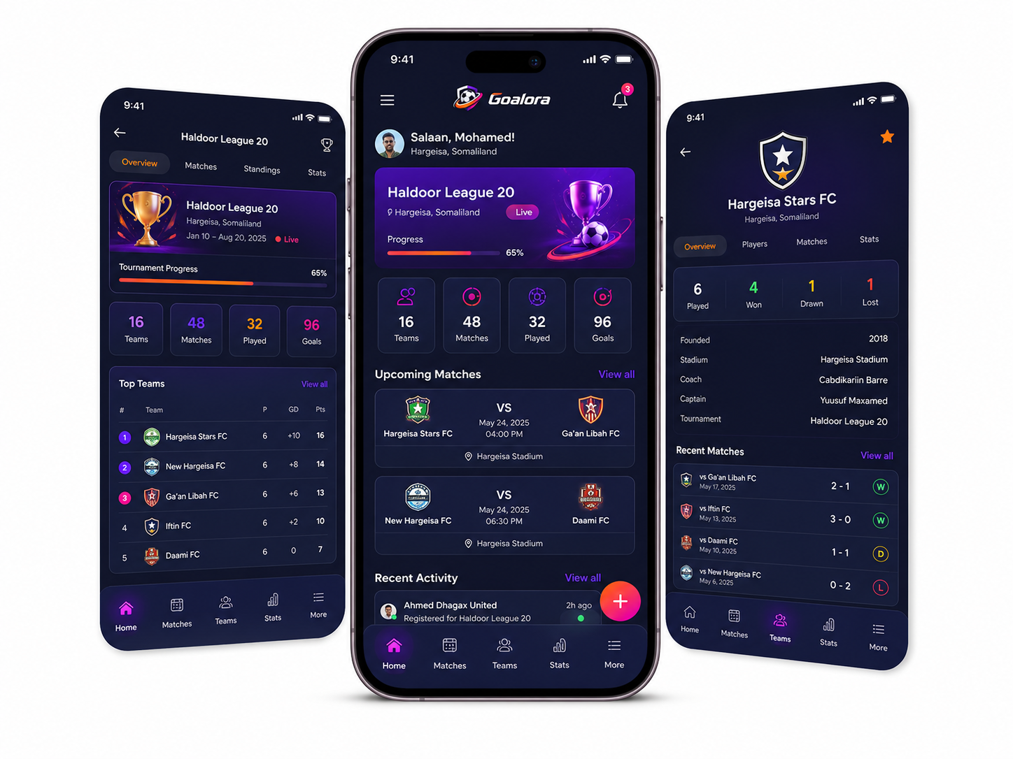 GOALORA tournament dashboard app screens