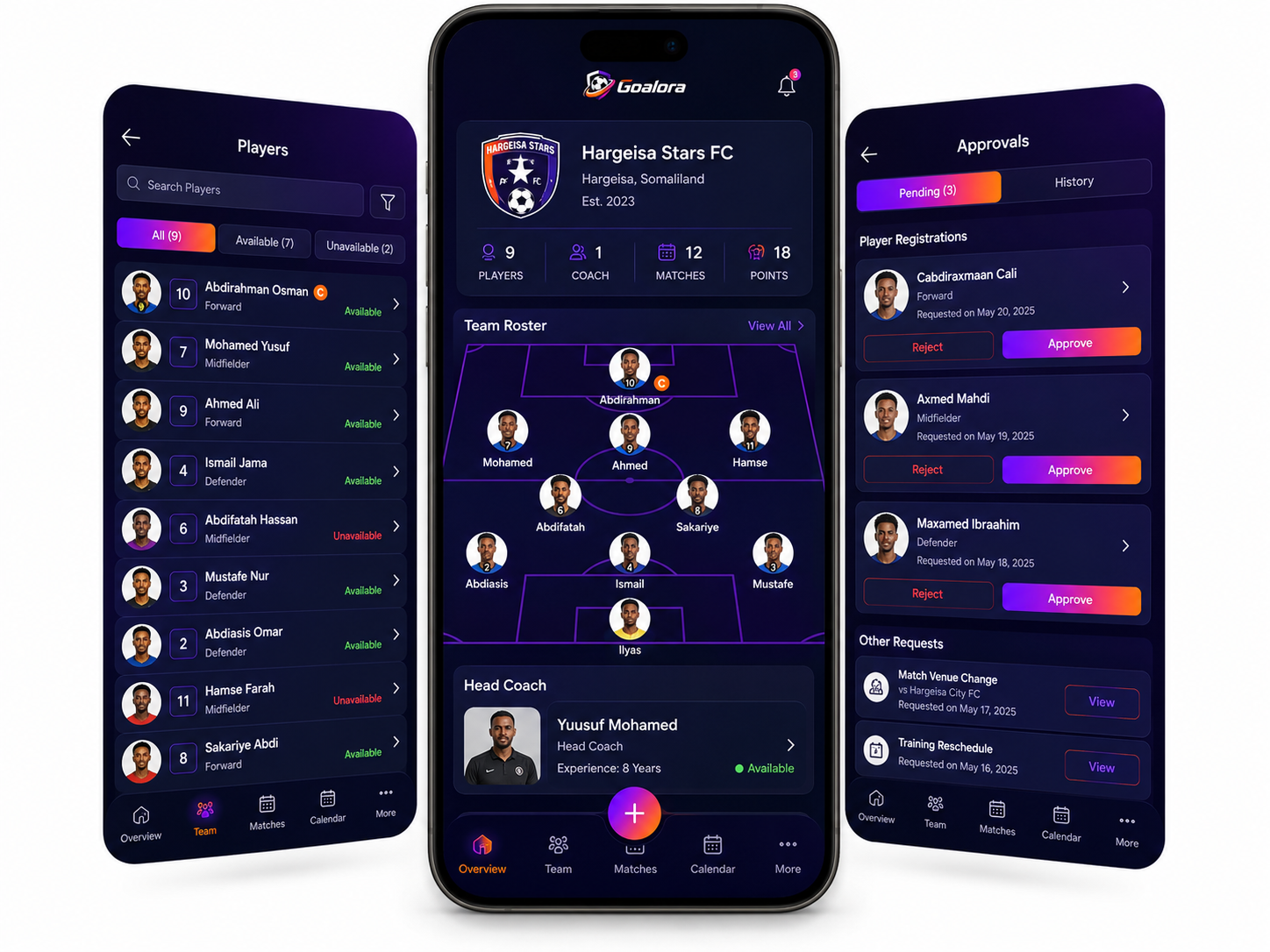 GOALORA team manager roster and approvals screens